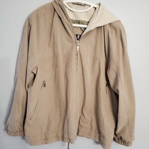 Mulberry Street Woman's Tan Hooded Zip Up Lined Soft Windbreaker Bomber Jacket M